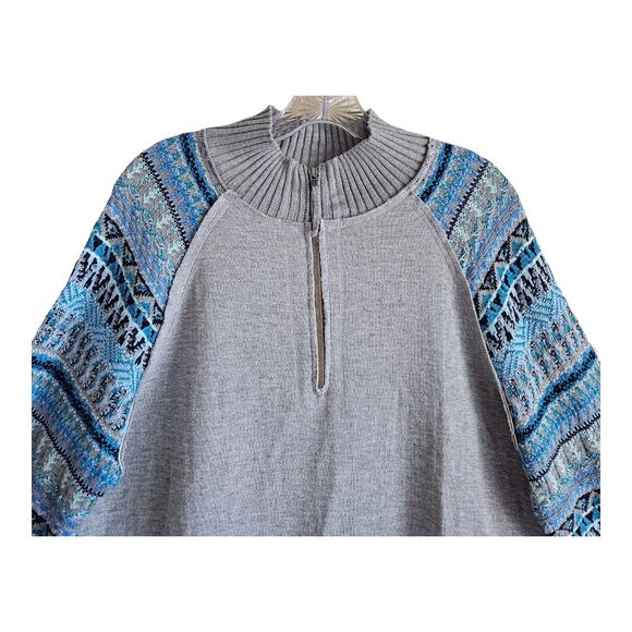 SUNDANCE Women L Sweater 1/2 Zip Gray Blue Fair Isle Sleeves Cotton Modal 42" - Picture 2 of 8